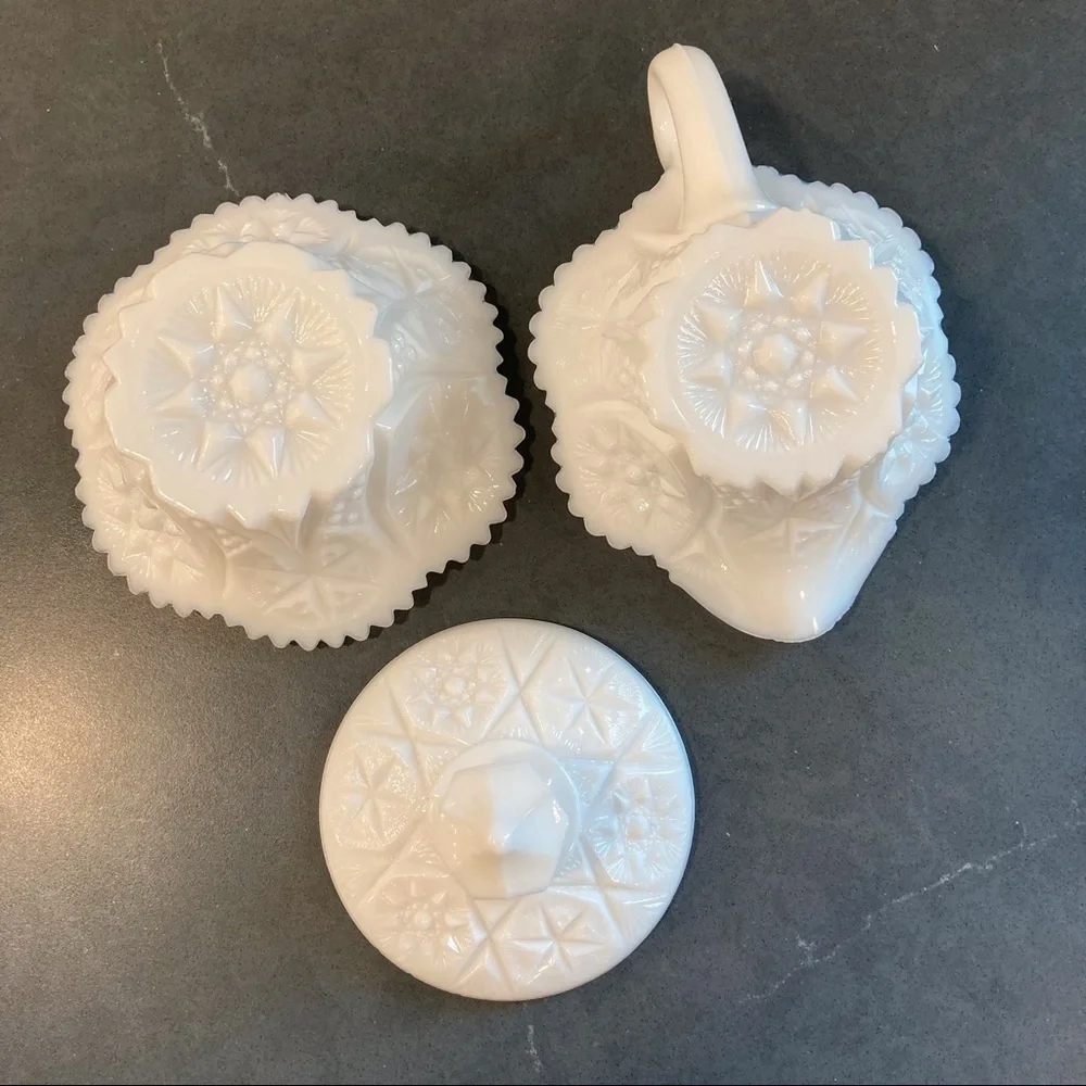 Vintage Kemple milk glass set sugar creamer cut glass set